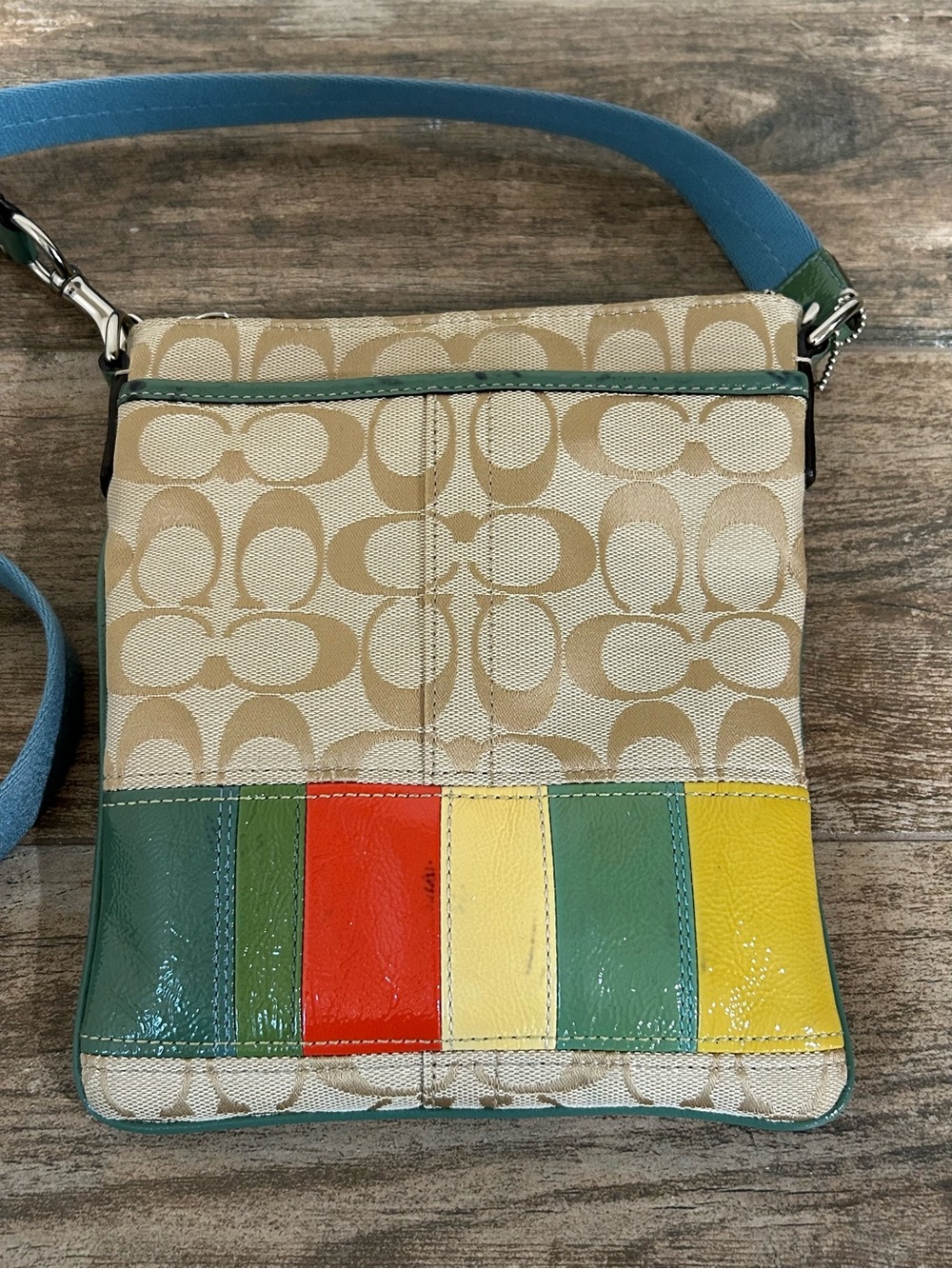 Coach Beige Signature Crossbody with Multicolor Leather Panels and Blue Strap - Picture 3 of 13